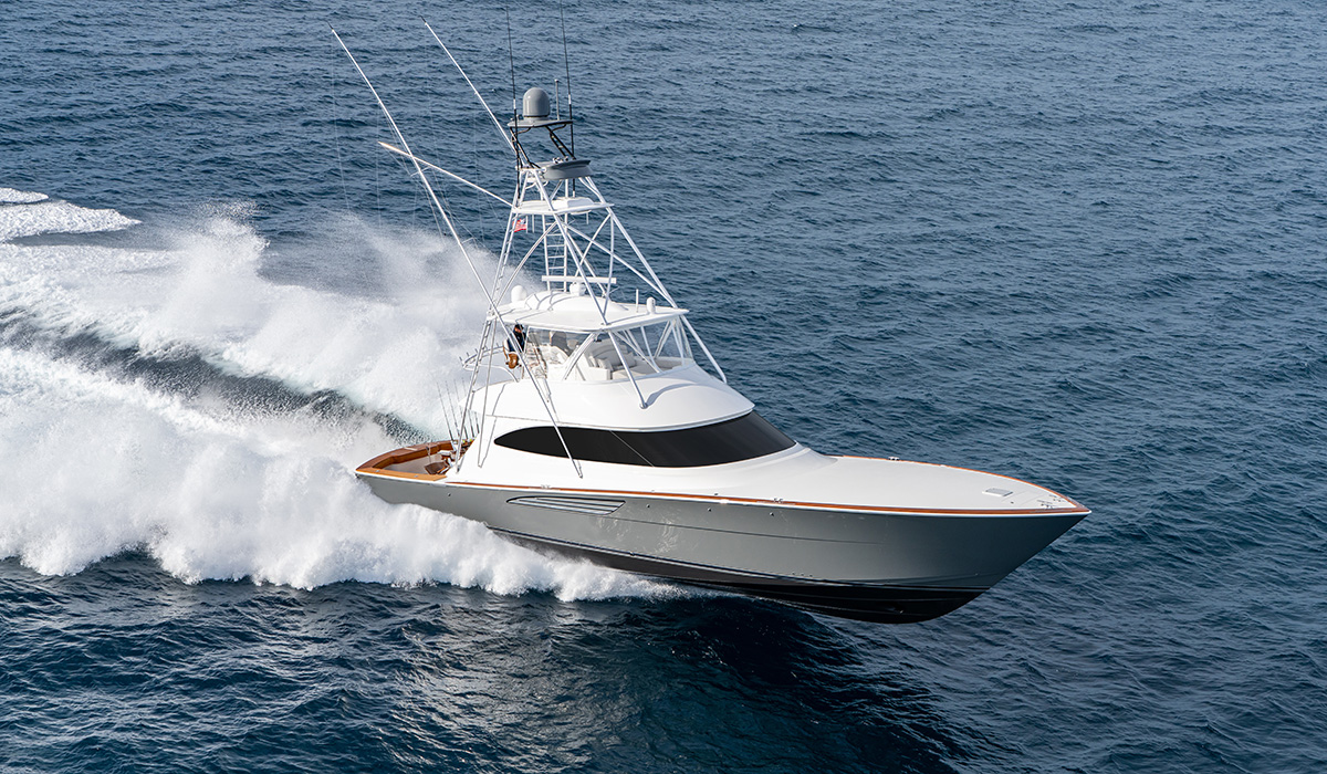 Photo of Viking 64 running on water.