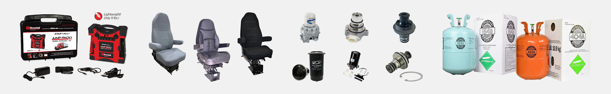 Graphic of various jump packs, air dryers, air dryer cartridges, truck seats, and R134A and R404A freon & refrigerants.